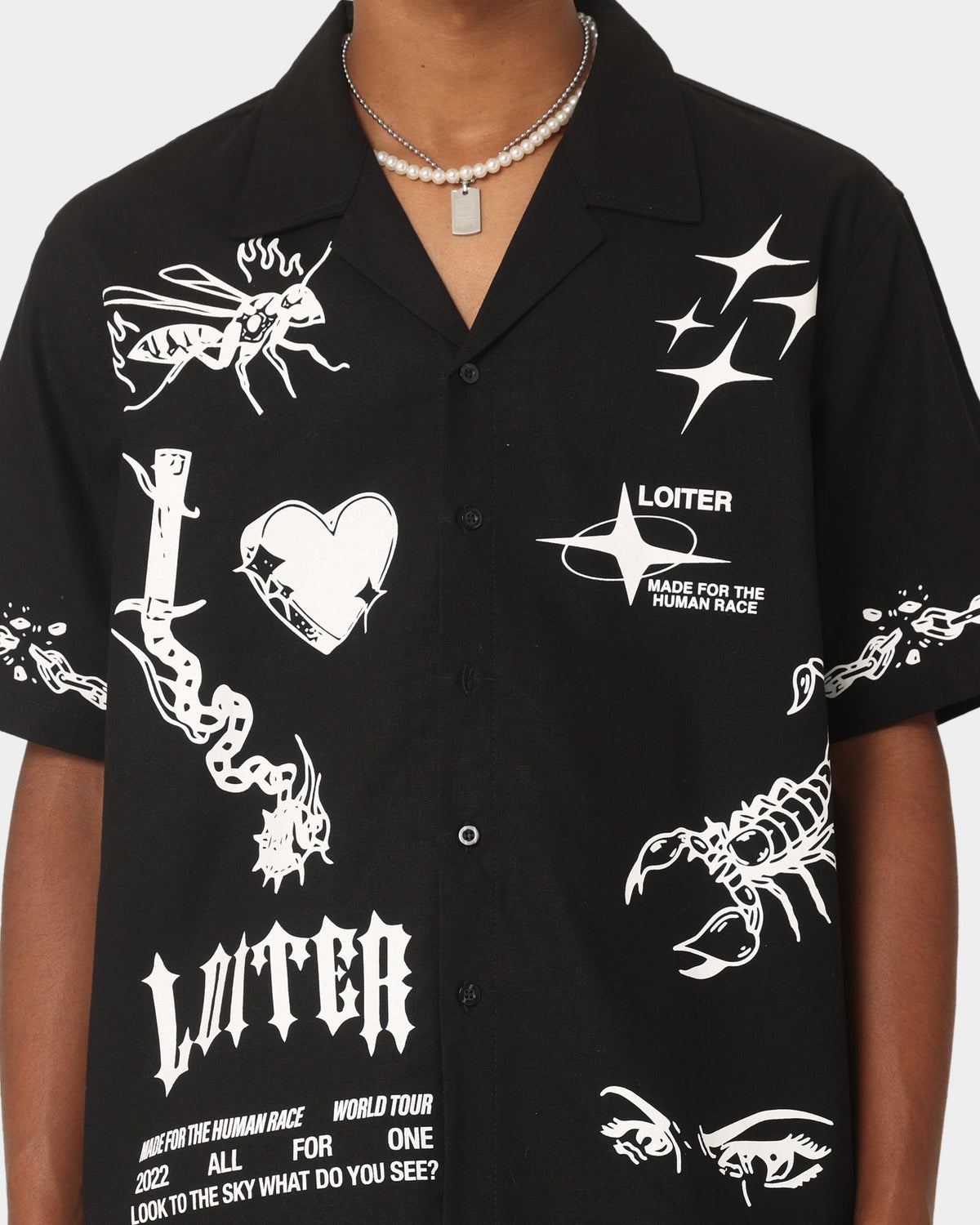 Loiter Tattoo Button Up Shirt Black