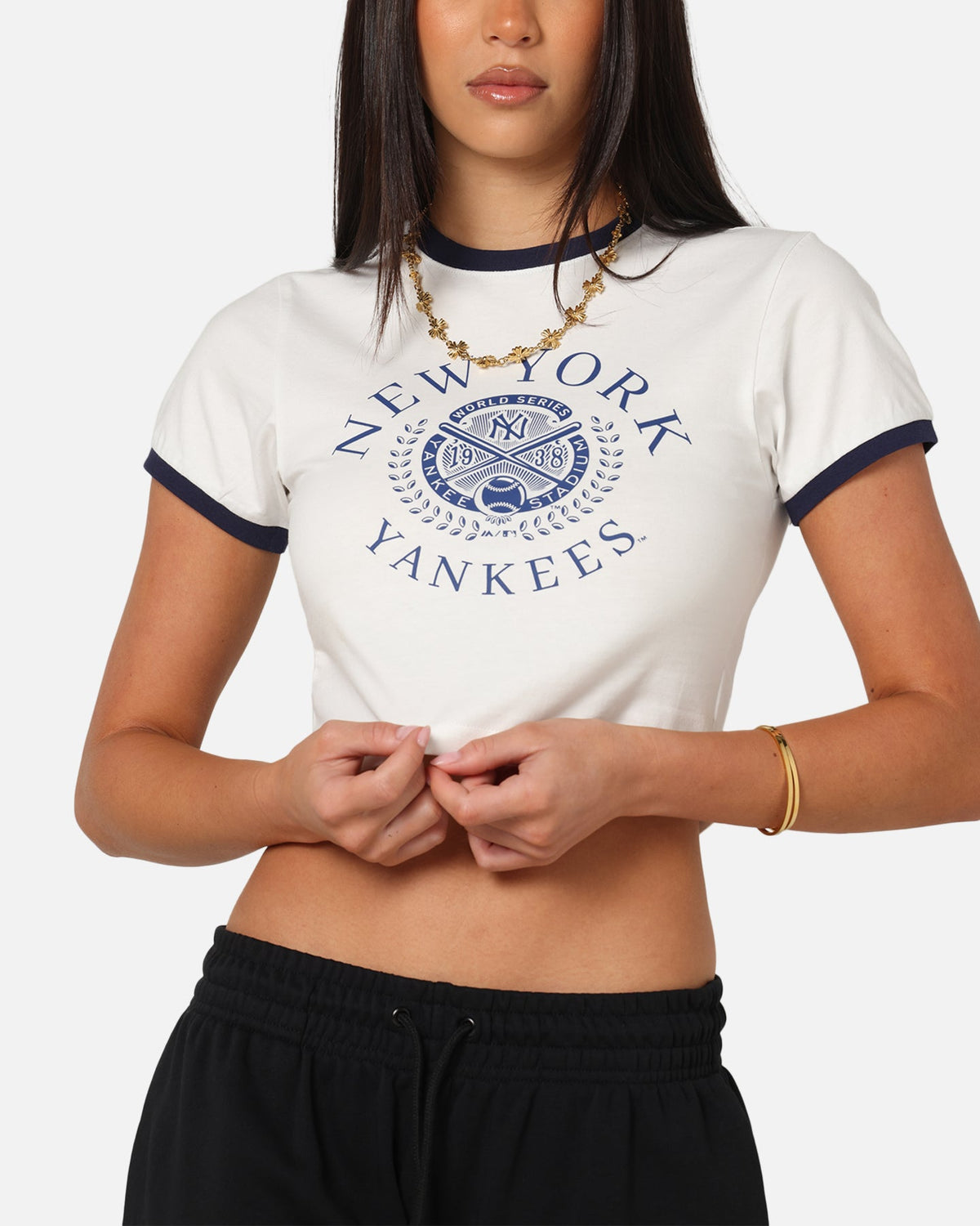 Majestic Athletic Women's New York Yankees Crest Baby T-Shirt Vintage White
