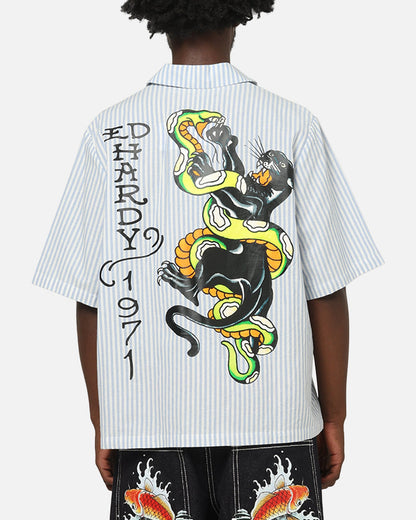 Ed Hardy Panther Button-Up Shirt Blue Pin Stripe