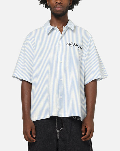 Ed Hardy Panther Button-Up Shirt Blue Pin Stripe