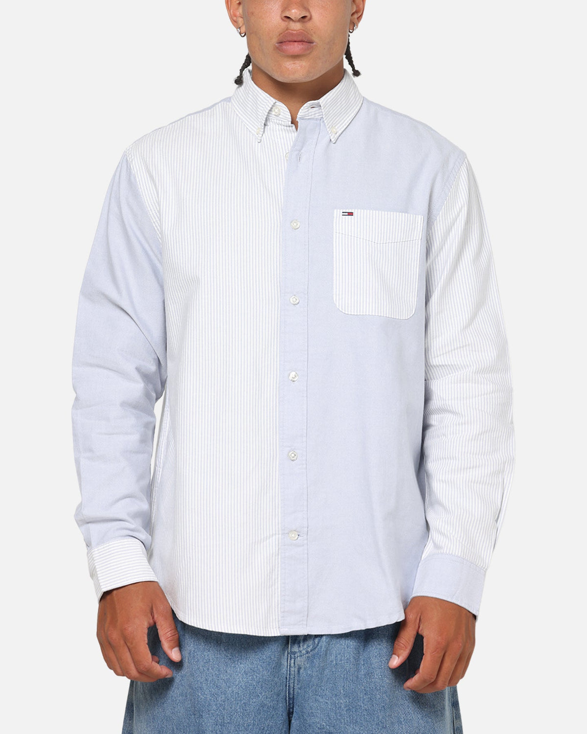 Tommy Jeans Relaxed Oxford Stripes Button Up Shirt Blue Pinstripe