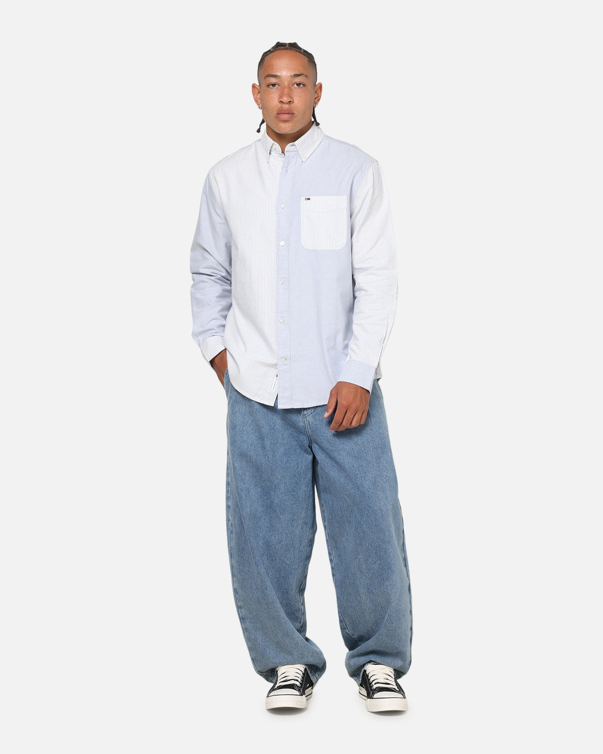 Tommy Jeans Relaxed Oxford Stripes Button Up Shirt Blue Pinstripe