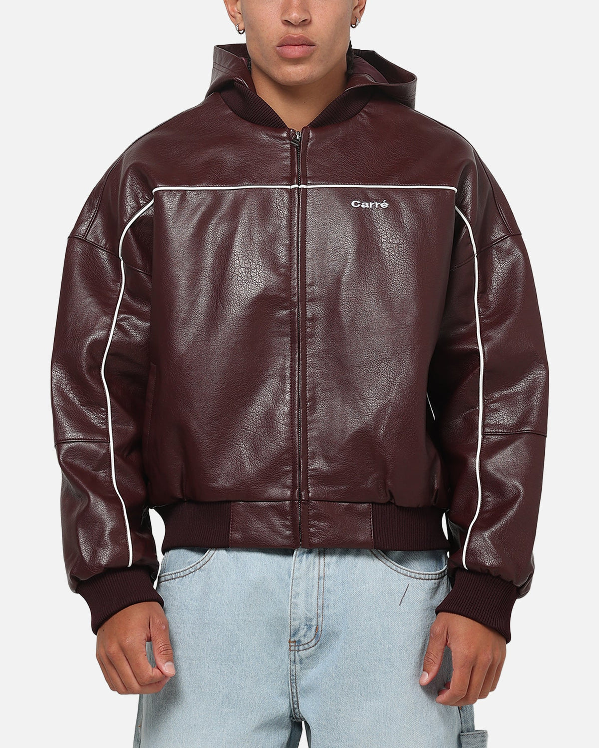 Carre Velocity Vegan Leather Bomber Jacket Burgundy