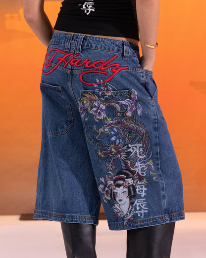 Ed Hardy Women's Death Before Dishonour Jorts Blue Mid Wash